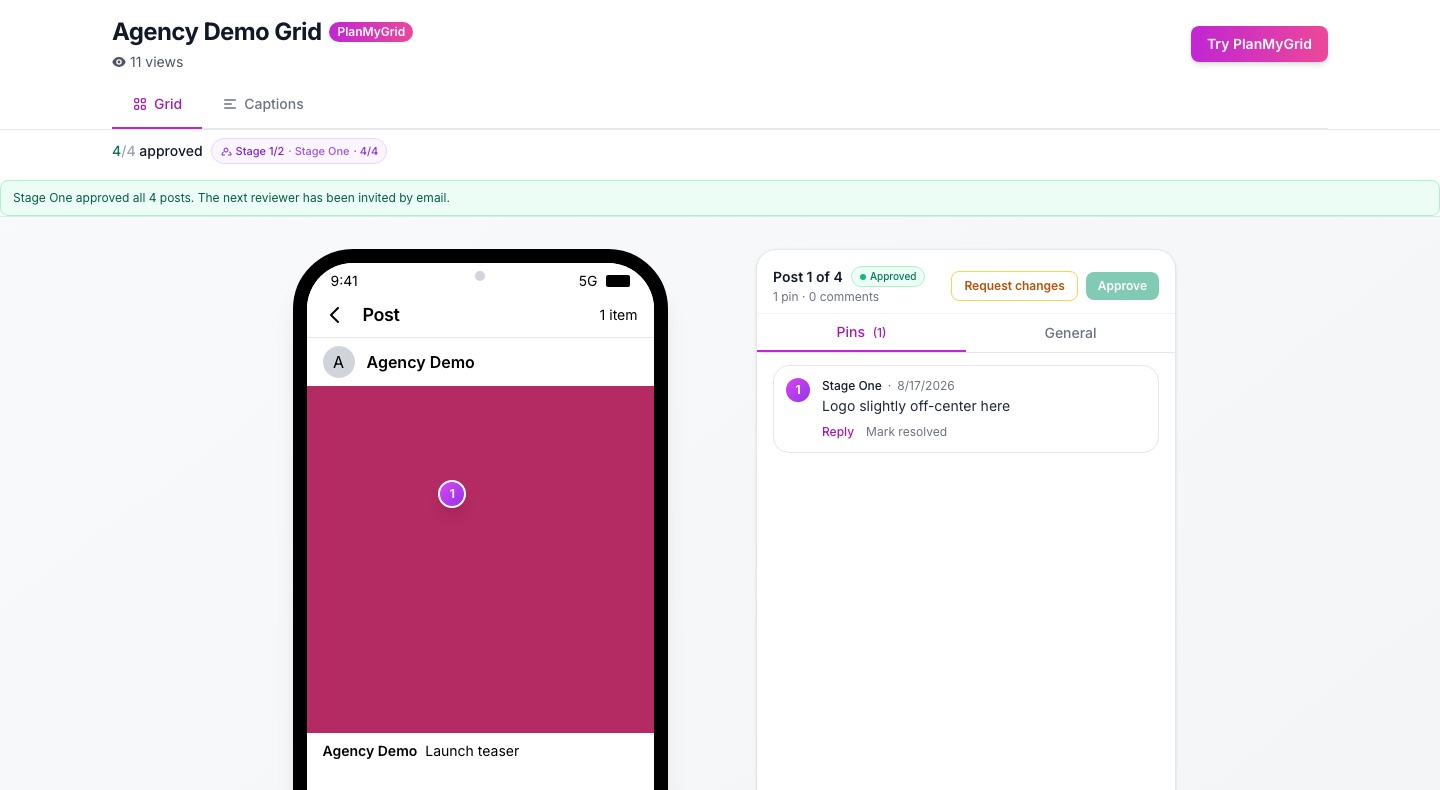 A client approval page showing a pinned comment and approve or request-changes buttons