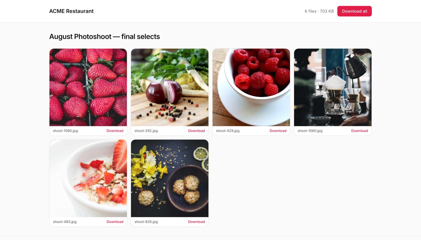 A branded delivery link listing finished files for download