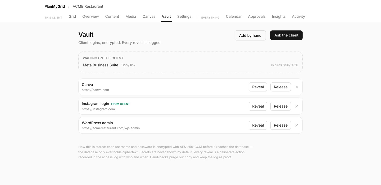 The vault listing a client's logins, each revealed only on demand and recorded when it is